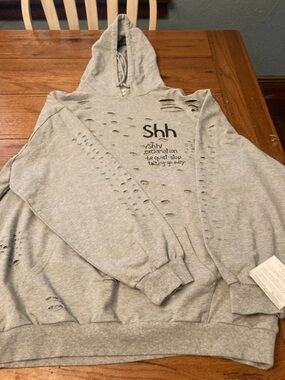 Wren + Glory Shh Distressed Grey Hoodie Sweatshirt - Women's Casual Pullover
